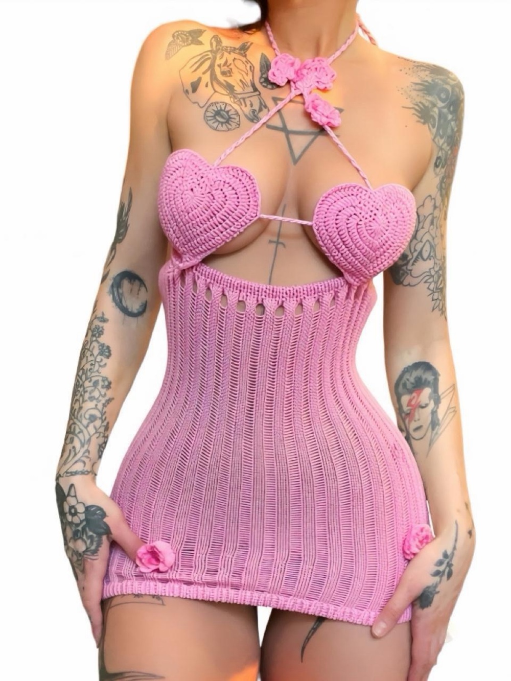 Sexy Pink Crochet Heart Mini Dress Halter